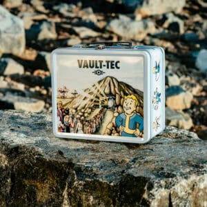 Vault Tec Lunchbox resting on a rock