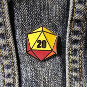 Roll 20 with this multi-colored enamel pin on denim jacket