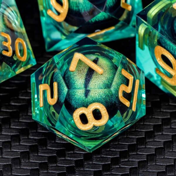 Green Dragon Eye Liquid Filled Dice - Close up of dice