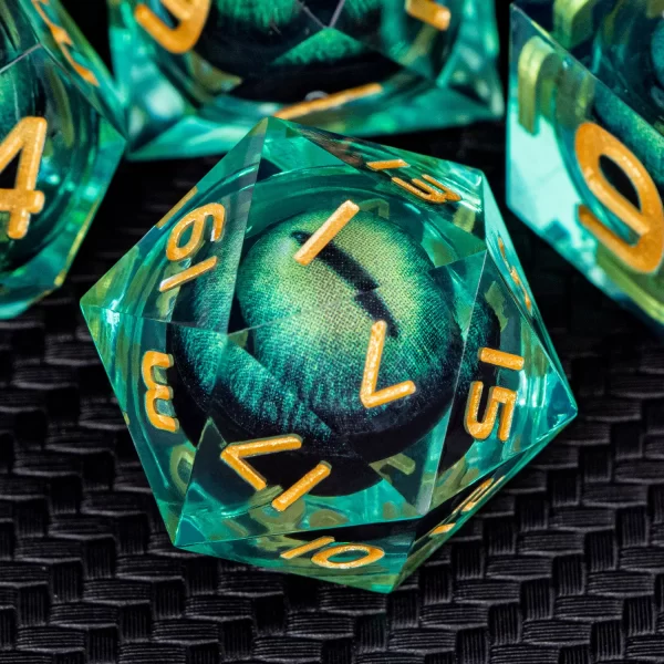 Green Dragon Eye Liquid Filled Dice - Close up of dice